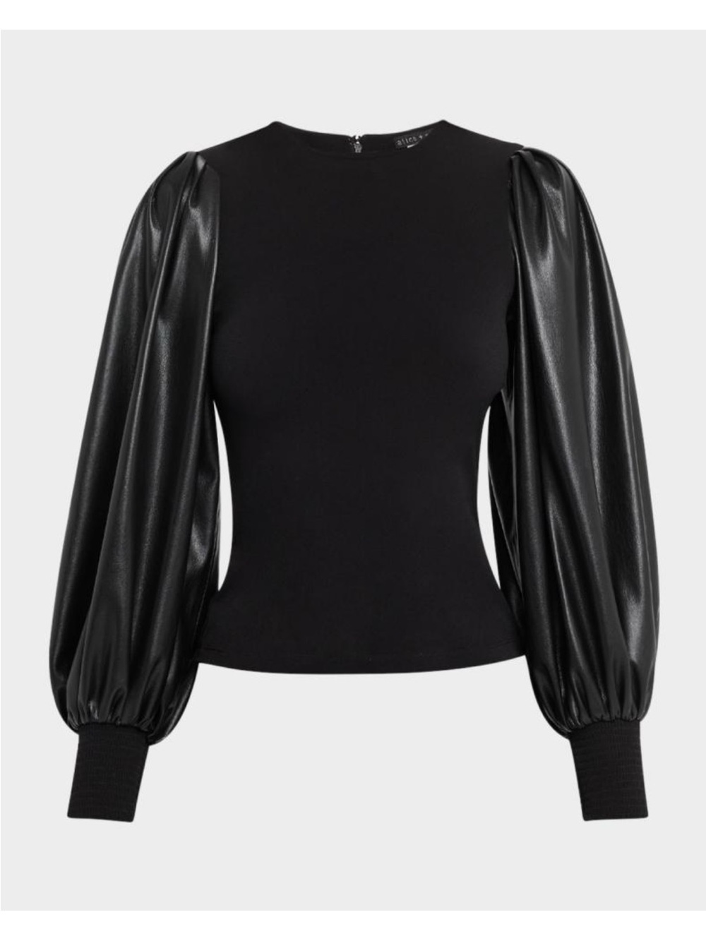 ALICE + OLIVIA Latoria Crewneck Top with Vegan Leather Sleeves